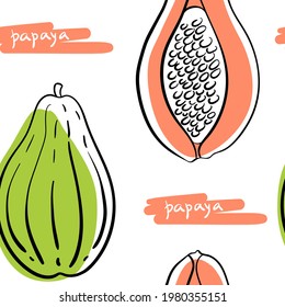 Seamless pattern with papaya in black line sketchy style isolated on white background. Tropical fruits. Doodle hand drawn vector illustration