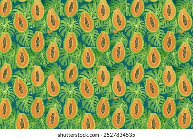 Seamless pattern with papaya fruit and green leaves