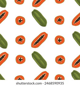 Seamless pattern with papaya fruit on a white background. For paper, coverings, fabrics and other uses. Vector