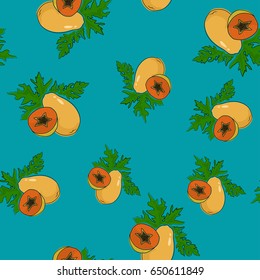 Seamless Pattern of Papaya , Fruit on Azure Background, Vector Illustration 