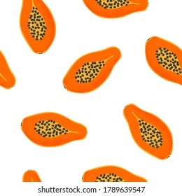 Seamless pattern with papaya fruit in vector format. Printable repeat orange tropical food for texture, textile background. Simple cute slice of papaw. Illustration