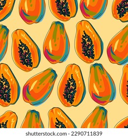 Seamless pattern with papaya fruits. Bright colorful fruits on a beige background. A whole papaya and half a fruit. Hand drawn in outline sketch style. Tropical and exotic. Cartoon design. Vector.