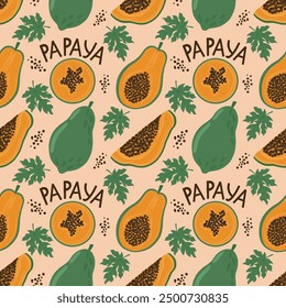 Seamless pattern of papaya fruits and palm leaves and lettering. A vector drawing made by hand on a peach background. Food illustration, menu, background.