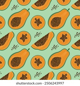 Seamless pattern of papaya fruits and palm leaves. A vector drawing made by hand on a peach background. Food illustration, menu, background.