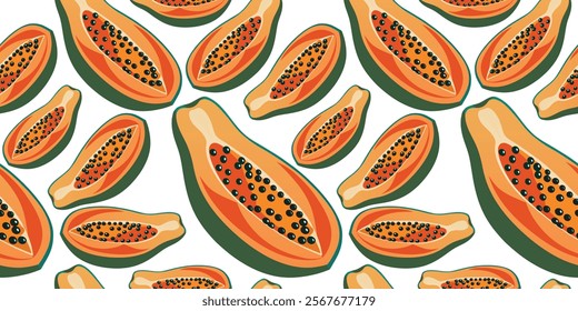 Seamless Pattern of Papaya Isolated on White Background Vector Illustration Design. Health Lifestyle. Tropical Fruits Flat Style