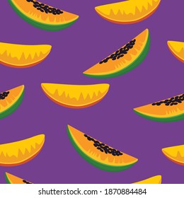 Seamless pattern with papaya and mango slices on purple background.