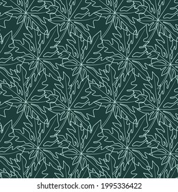 Seamless pattern papaya in outline style and green blue background. Plant pattern. Leaves background. Tropical plant. Fabric pattern, wallpaper, backdrop, wrapping paper, elements.
