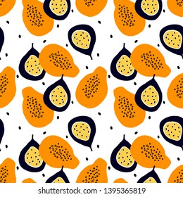 Seamless pattern with papaya and passion fruits in simple flat design.Cut tropical fruit with seed. 
