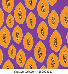 Seamless pattern papaya. Ripe papaya on a bright purple background. The print is suitable for Wallpaper.