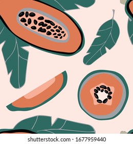 Patrón sin problemas con papaya. Frutos de papaya maduras, naranjas y verdes. Fondo de verano. Papel tapiz, impresión, embalaje, papel, diseño textil. ilustración de vector plano.