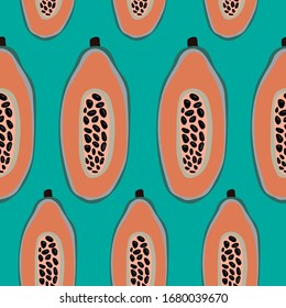 Seamless pattern with papaya. Ripe, orange and green papaya fruit. Summer background. Wallpaper, print, packaging, paper, textile design. flat Vector illustration.