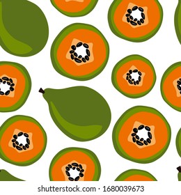Nahtloses Muster mit Papaya. Reife, orange und grüne Papayafrüchte. Sommerhintergrund. Tapete, Druck, Verpackung, Papier, Stoffdesign. flache Vektorillustration.