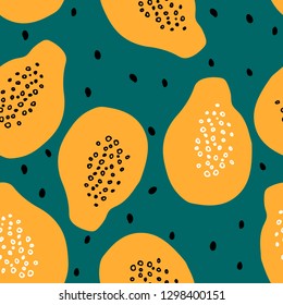 Seamless pattern with papaya and seeds. Hand drawn art can be used for backgrounds, design of restaurant menu.
