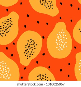 Seamless pattern with papaya and seeds. Hand drawn art can be used for backgrounds, design of menu.