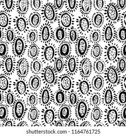 Seamless pattern with papaya silhouettes, circles and dots. Vector textured hand drawn pattern. Abstract background with brush strokes.