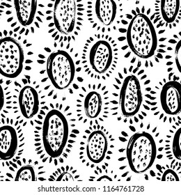 Seamless pattern with papaya silhouettes, circles and dots. Vector textured hand drawn pattern. Abstract background with brush strokes.