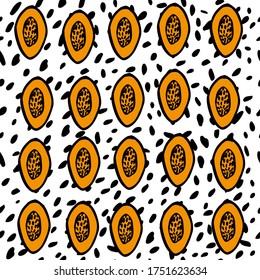 Seamless pattern with papaya silhouettes, circles and dots. Vector textured hand drawn pattern. Abstract background with papaya  color orange.