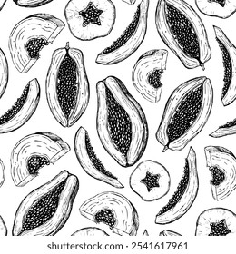 Seamless Pattern with Papaya slices. Vector print with exotic tropical Fruit. Illustration of ornament on isolated background for textile design or food production label. Drawing in linear style.
