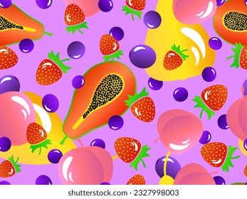 Seamless pattern with papaya, strawberry, blueberry, pear and peach. Summer exotic fruit mix with gradient colors in 3d style. Design for banner, poster and promotional material. Vector illustration