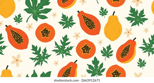 Patrón sin fisuras con Papaya. Fondo de verano de moda con papaya dibujada a mano, flores y hojas. Diseño abstracto moderno para el papel, cubierta, tela