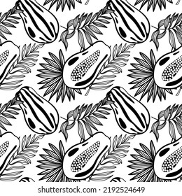 Patrón sin foco de papaya y hojas tropicales, elementos de doodle dibujados a mano en una paleta en blanco y negro. Papaya entera y núcleo. Hojas de palma. Imagen de frutas de verano.