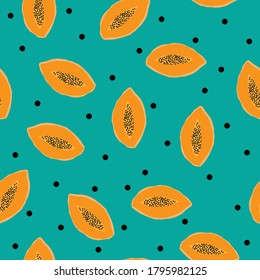 Seamless pattern papaya. Turquoise background, juicy papaya and black dots. The print is well suited for textiles.