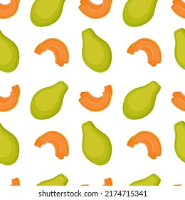 Seamless pattern with papaya, whole fruits and slices, vector illustration