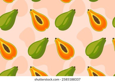 Seamless pattern with papaya. Whole papaya, half papaya. For backgrounds, textiles, tablecloths, kitchen, wallpaper, packaging. Vector image.