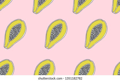Seamless pattern with papayas on pink background. Vector illustration