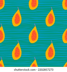 seamless pattern with papayas. Papaya ornament background. Fruits backdrop. Design for fabric, textile print, wrapping paper, kitchen textiles, cover. Vector illustration