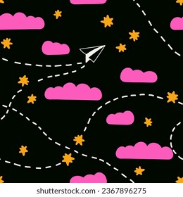 Seamless pattern with paper airplane in clouds and stars. Hand drawn repeatable illustration. Modern vector colorful background