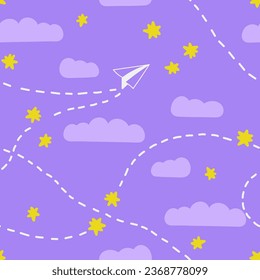 Seamless pattern with paper airplane in clouds and stars. Hand drawn repeatable illustration. Modern vector colorful background