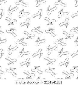 Seamless pattern paper airplane, delivery texture. Hand drawn, black and white illustration.
