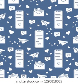Seamless pattern with paper airplane, envelope, smartphone, sms, hearts. Birthday, Valentine's day, Mother's Day, Father's day, wedding vector romantic background.