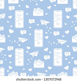 Seamless pattern with paper airplane, envelope, smartphone, sms, hearts. Birthday, Valentine's day, Mother's Day, Father's day, wedding vector romantic background.