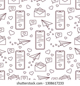 Seamless pattern with paper airplane, envelope, smartphone, sms, hearts. Birthday, Valentine's day, Mother's Day, Father's day, wedding vector romantic background.