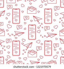 Seamless pattern with paper airplane, envelope, smartphone, sms, hearts. Birthday, Valentine's day, Mother's Day, Father's day, wedding vector romantic background.