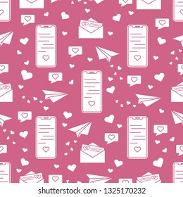 Seamless pattern with paper airplane, envelope, smartphone, sms, hearts. Birthday, Valentine's day, Mother's Day, Father's day, wedding vector romantic background.