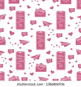 Seamless pattern with paper airplane, envelope, smartphone, sms, hearts. Birthday, Valentine's day, Mother's Day, Father's day, wedding vector romantic background.