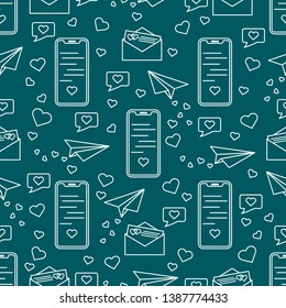 Seamless pattern with paper airplane, envelope, smartphone, sms, hearts. Birthday, Valentine's day, Mother's Day, Father's day, wedding vector romantic background.