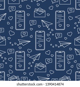 Seamless pattern with paper airplane, envelope, smartphone, sms, hearts. Birthday, Valentine's day, Mother's Day, Father's day, wedding vector romantic background.