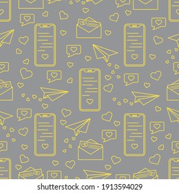 Seamless pattern with paper airplane, envelope, smartphone, sms, hearts. Birthday, Valentine's day, Mother's Day, Father's day, wedding vector romantic background. Illuminating and Ultimate Gray.