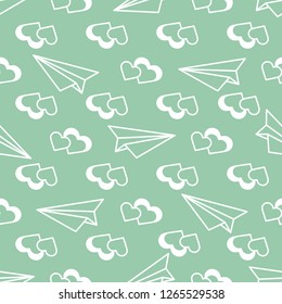 Seamless pattern with paper airplane, hearts. Greeting card happy Valentine's Day. Romantic background.