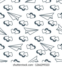 Seamless pattern with paper airplane, hearts. Greeting card happy Valentine's Day. Romantic background.