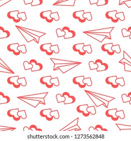 Seamless pattern with paper airplane, hearts. Greeting card happy Valentine's Day. Romantic background.