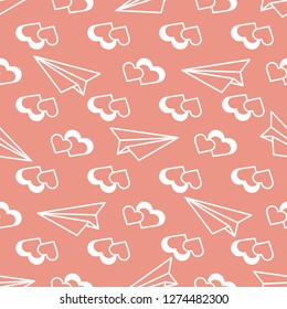 Seamless pattern with paper airplane, hearts. Greeting card happy Valentine's Day. Romantic background.