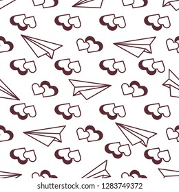 Seamless pattern with paper airplane, hearts. Greeting card happy Valentine's Day. Romantic background.