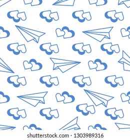 Seamless pattern with paper airplane, hearts. Greeting card happy Valentine's Day. Romantic background.