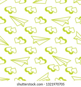 Seamless pattern with paper airplane, hearts. Greeting card happy Valentine's Day. Romantic background.