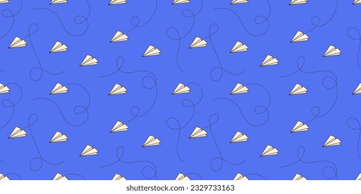 Seamless Pattern with paper airplane and lines on blue background. Contemporary vector illustration.